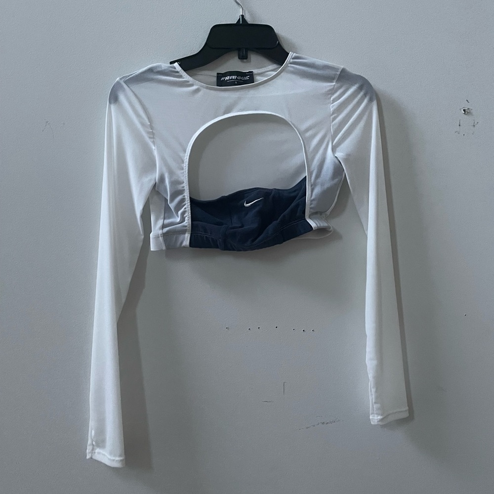 Frankie Collective Upcycled White Mesh Navy Blue Bandeau Nike Crop Top